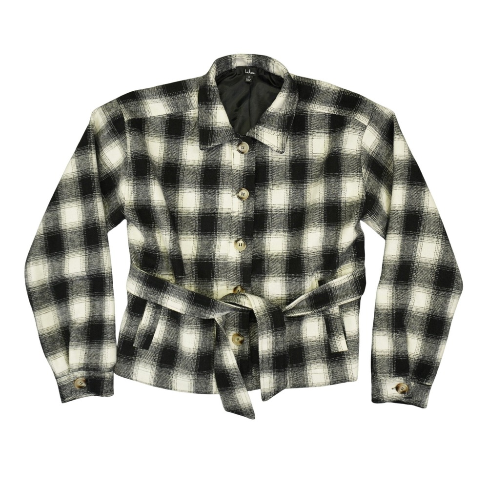 Lulus Plaid Jacket Women S Black White Belted Wool Blend Shacket Buffalo Check